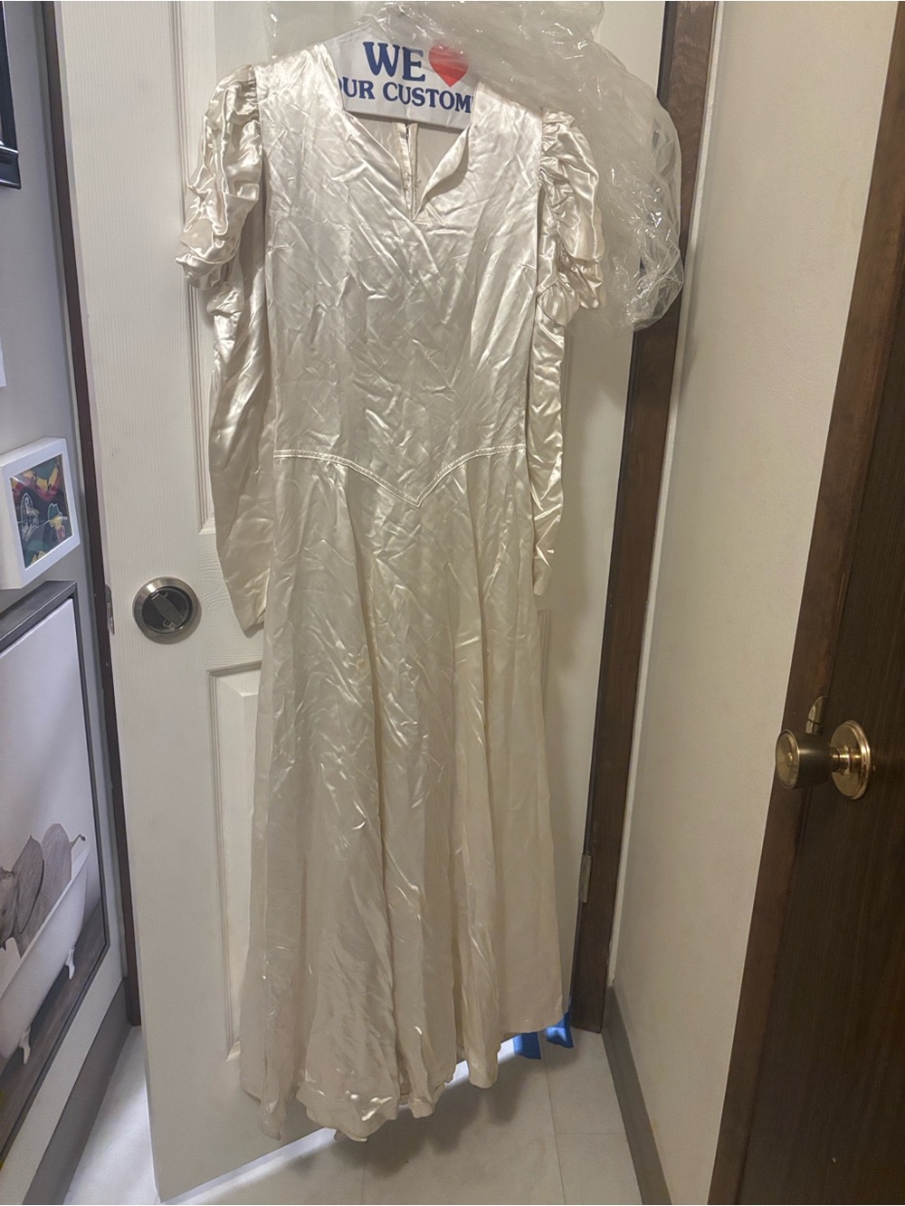 Handmade Vintage Ivory Satin Wedding Gown with Puff Sleeves, Veil and Hair Comb